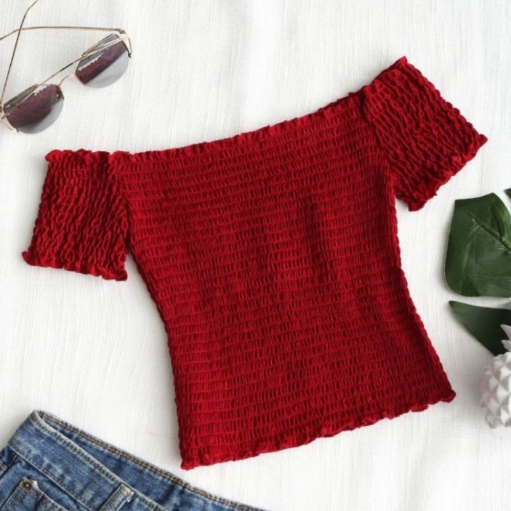 NEW Zaful Smocked Frill Off Shoulder Cropped Top